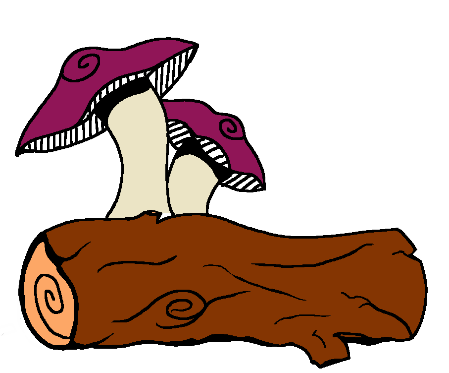 a hand drawing of two mushrooms growing out of a log